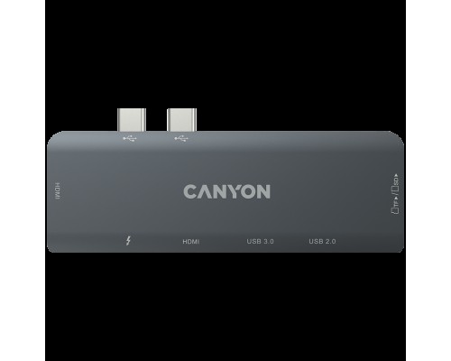 Док, USB-концентратор Canyon DS-05B Multiport Docking Station with 7 port, 1*Type C PD100W+2*HDMI+1*USB3.0+1*USB2.0+1*SD+1*TF. Input 100-240V, Output USB-C PD100W&USB-A 5V/1A, Aluminum alloy, Space gray, 104*42*11mm, 0.046kg(Generation B)