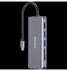 Док, USB-концентратор CANYON 9 in 1 USB C hub, with 1*HDMI: 4K*30Hz,1*Gigabit Ethernet,, 1*Type-C PD charging port, Max 100W PD input. 2*USB3.0,transfer speed up to 5Gbps. 1*USB 2.0, 1*SD, 1*3.5mm audio jack, cable 18cm, Aluminum alloy housing115*46*