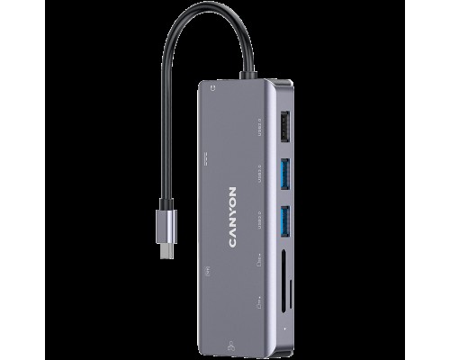 Док, USB-концентратор CANYON 9 in 1 USB C hub, with 1*HDMI: 4K*30Hz,1*Gigabit Ethernet,, 1*Type-C PD charging port, Max 100W PD input. 2*USB3.0,transfer speed up to 5Gbps. 1*USB 2.0, 1*SD, 1*3.5mm audio jack, cable 18cm, Aluminum alloy housing115*46*