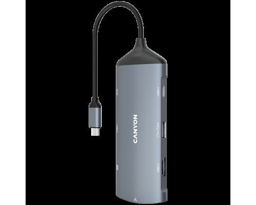 Док, USB-концентратор CANYON 8 in 1 hub, with 1*HDMI,1*Gigabit Ethernet,1*USB C female:PD3.0 support max60W,1*USB C male :PD3.0 support max100W,2*USB3.1:support max 5Gbps,1*USB2.0:support max 480Mbps, 1*SD, cable 15cm, Aluminum alloy housing,133.24*4