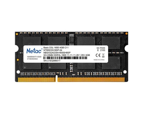 Оперативная память 4GB Netac NTBSD3N16SP-04 DDR3L, 1600 MHz, 12800 Мб/с, CL11, 1.35 В (SO-DIMM)