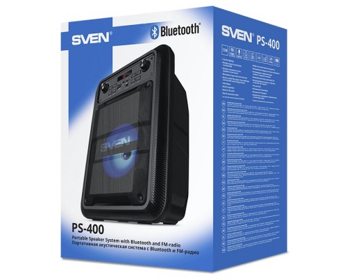 Портативная колонка Sven PS-400 Black 1.0, 12 Вт, 100-20000 Гц, Bluetooth, FM-радио, microSD/USB, 1200 мАч, вход микрофона, LED-дисплей, черная