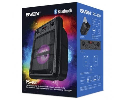 Портативная колонка Sven PS-400 Black 1.0, 12 Вт, 100-20000 Гц, Bluetooth, FM-радио, microSD/USB, 1200 мАч, вход микрофона, LED-дисплей, черная