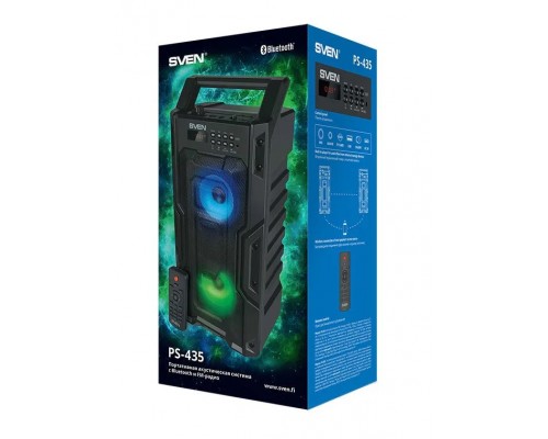 Портативная колонка Sven PS-435 Black, 20 Вт, 100-20000 Гц, Bluetooth, FM, USB/3.5 мм, microSD, LED-дисплей, вход для микрофона, 2х 2000 мАч