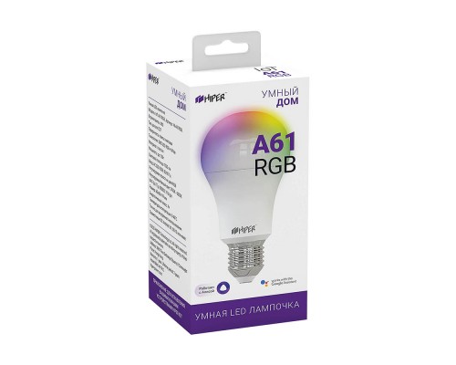 Умная LED лампочка Wi-Fi HIPER IoT A61 RGB, WiFi 2.4 ГГц, 802.11 b/g/n, E27, AC 220-250В, 2700K-6500K, A+, 1020 лм, Android 5.1  iOS 10