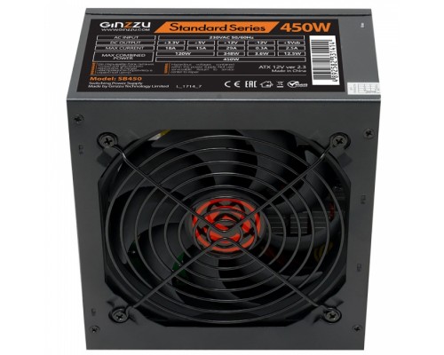 Блок питания Ginzzu SB450 12CM ATX v2.3, 450W, 120mm, 24+4pin, 2xSATA, 2xMolex, Black, OEM