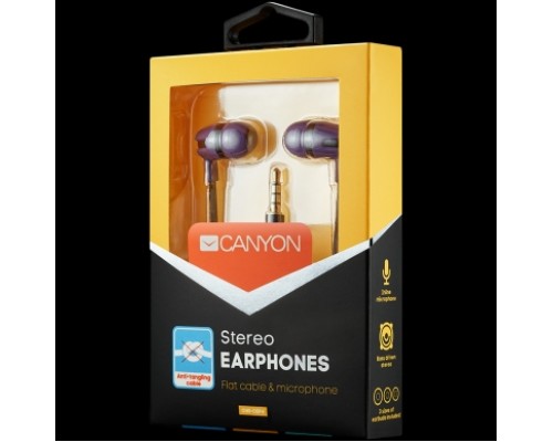 Наушники CANYON SEP-4 Stereo earphone with microphone, 1.2m flat cable, Purple, 22*12*12mm, 0.013kg