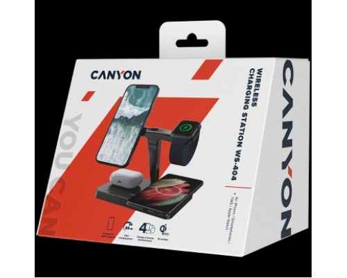 Беспроводное зарядное устройство CANYON WS-404 4in1 Wireless charger, with input 12V3A DC Eu adapter , Output 15W/10W/7.5W/5W, 161*105*138mm, 0.510Kg, Black