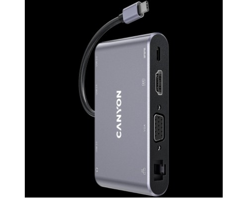 Концентратор CANYON  8 in 1 USB C hub, with 1*HDMI: 4K*30Hz, 1*VGA, 1*Type-C PD charging port, Max 100W PD input. 3*USB3.0,transfer speed up to 5Gbps. 1*Glgabit Ethernet, 1*3.5mm audio jack, cable 15cm, Aluminum alloy housing,95*55*17.6 mm, 107g, Dar