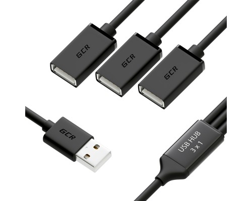 Док-разветвитель USB Hub 2.0 на 3 порта, 1.2m, гибкий, AM / 3 х AF, черный, GCR-52356