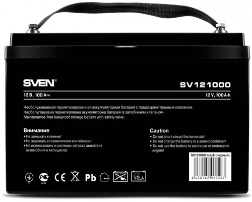Аккумулятор Battery SVEN SV 121000 (12V 100Ah), 12V voltage, 100A*h capacity, max. discharging rate of 1000A, max. charging rate 30A, the type of lead-acid AGM, type lead terminal B5, L/W/H 307/168/211mm, 30kg