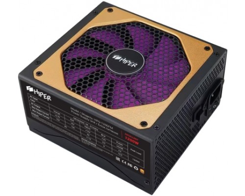 блок питания для ПК 1200 Ватт/ PSU HIPER HPG-1200FM (1200W 80+Gold, 14cm Fan, 220V input, Efficiency 90%, Modular, Black) BOX