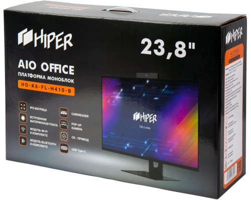 платформа моноблока/ AIO HIPER Office HO-K6-FL-H410-B, 23,8''display IPS (1920x1080), m/b Intel H410, no CPU, no RAM(DDR4 SO-DIMM 2400 МГц-2666 МГц), no HDD, w/ODD, 1*HDMI, 1*COM, 4*USB3.0, 1*RJ45 Gigabit LAN, AUDIO IN/OUT, webcam 3.0М + Mic,CardRead