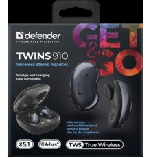 Беспроводная гарнитура Defender Twins 910 черный, TWS, Bluetooth                                                                                                                                                                                          