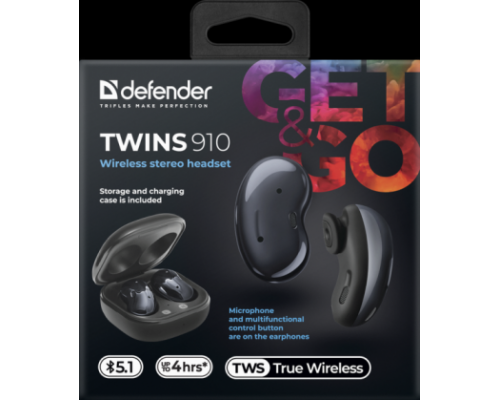 Беспроводная гарнитура Defender Twins 910 черный, TWS, Bluetooth