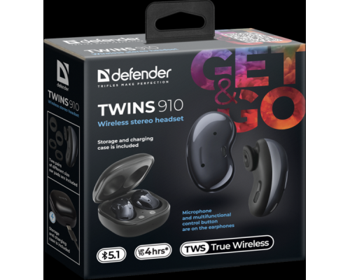 Беспроводная гарнитура Defender Twins 910 черный, TWS, Bluetooth