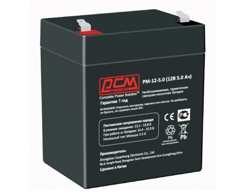 Батарея POWERCOM PM-12-5.0, напряжение 12В, емкость 5А*ч, макс. ток разряда 75А, макс. ток заряда 1.5А, свинцово-кислотная типа AGM, тип клемм T2(250)/T1(187), размеры (ДхШхВ) 90х70х101 мм., 1.6кг/ Battery POWERCOM PM-12-5.0, voltage 12V, capacity 5A