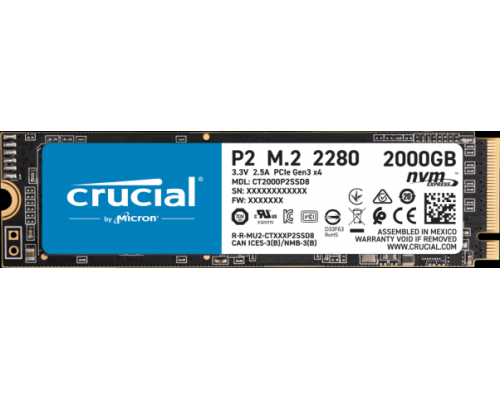 Накопитель Crucial SSD P2, 2000GB, M.2(22x80mm), NVMe, PCIe 3.0 x4, 3D TLC, R/W 2400/1800MB/s, IOPs н.д./н.д., TBW 600, DWPD 0.2 (12 мес.)