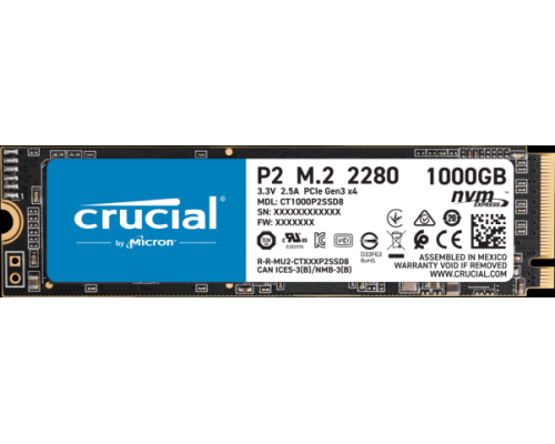 Накопитель Crucial SSD P2, 1000GB, M.2(22x80mm), NVMe, PCIe 3.0 x4, 3D TLC, R/W 2400/1800MB/s, IOPs н.д./н.д., TBW 300, DWPD 0.2 (12 мес.)