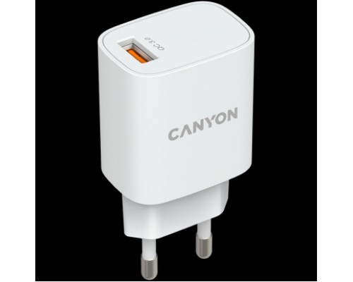 Адаптер питания Canyon, Wall charger with 1*USB, QC3.0 18W, Input: 100V-240V, Output: DC 5V/3A,9V/2A,12V/1.5A, Eu plug, OCP/OVP/OTP/SCP, CE, RoHS ,ERP. Size: 80.17*41.23*28.68mm, 50g, White