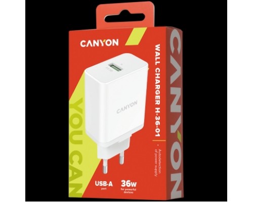 Адаптер питания Canyon, QC3.0 36W WALL Charger with 1-USB A   Input: 100V-240V, Output:  USB-A:QC3.0 36W (5V3A/9V3.0A/12V3.0A),  Eu plug  , Over- Voltage ,  over-heated, over-current and short circuit protection Compliant with CE RoHs,ERP.Size:90*46*