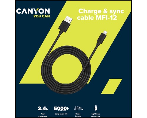 Кабель CANYON MFI C48 Lightning USB Cable for Apple (C48), round, PVC, 2M, OD:4.0mm, Power+signal wire: 21AWG*2C+28AWG*2C,  Data transfer speed:26MB/s, Black.  With shield , with CANYON logo and CANYON package.  Certification: ROHS, MFI.