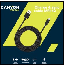 Кабель CANYON MFI C48 Lightning USB Cable for Apple , round, PVC, 2M, OD:4.0mm, Power+signal wire: 21AWG*2C+28AWG*2C,  Data transfer speed:26MB/s, White.  With shield , with CANYON logo and CANYON package.  Certification: ROHS, MFI.                  