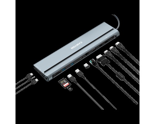 Концентратор Canyon 14 in 1 hub, with Type C female *2,Type C male *1:max 10Gbps,USBA*3:max 10Gbps,DP*1?VGA*1,SD card slot*1,TF card slot*1,Audio 3.5 audio*1,HDMI*2,RJ45*1,cable length 0.20m,Aluminum alloy housing,76*22.5*301mm,Dark grey