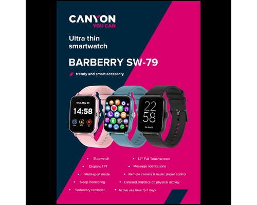 Смарт-часы CANYON Smart watch, 1.69inches TFT full touch screen, Zinic+plastic body, IP67 waterproof, multi-sport mode, compatibility with iOS and android, black body with black silicon belt, Host: 44.4*36*9.2mm, Strap: 230x20mm, 47g
