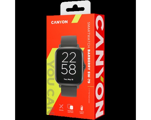 Смарт-часы CANYON Smart watch, 1.69inches TFT full touch screen, Zinic+plastic body, IP67 waterproof, multi-sport mode, compatibility with iOS and android, black body with black silicon belt, Host: 44.4*36*9.2mm, Strap: 230x20mm, 47g