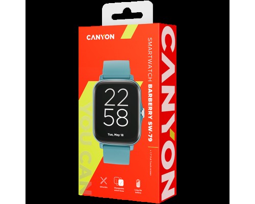 Смарт-часы CANYON Smart watch, 1.69inches TFT full touch screen, Zinic+plastic body, IP67 waterproof, multi-sport mode, compatibility with iOS and android, blue body with blue silicon belt, Host: 44.4*36*9.2mm, Strap: 230x20mm, 47g