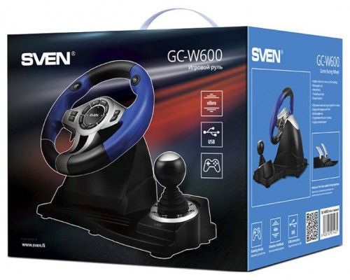 Руль Sven GC-W600 SV-015435 USB, PC, 12кн. + 2 педали, лепестки, АКПП, виброотдача, черный/синий