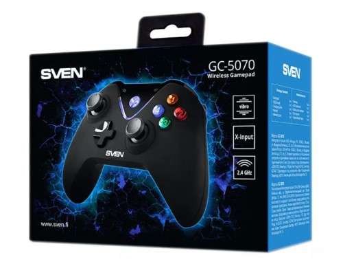 Геймпад Sven GC-5070 (SV-016036) беспроводной, 2.4 ГГц/USB, PC/PS, 11 кнопок, рычаги 2 шт., подсветка, вибрация, черный
