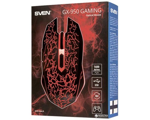 Мышь Sven GX-950 SV-03200950UB оптическая, проводная, 1600 dpi, USB, 6 кнопок, подсветка, черная