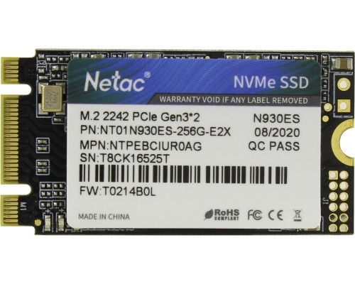 Твердотельный накопитель Netac N930ES NT01N930ES-256G-E2X SSD, M.2, 256Gb, PCI-E x2, чтение  1650 Мб/сек, запись  1260 Мб/сек, TLC 3D NAND, NVMe