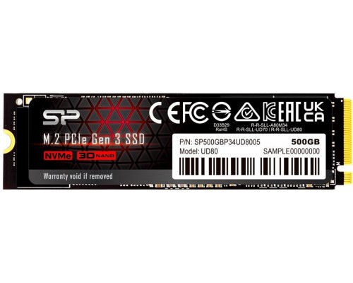 Накопитель Silicon Power UD80 SP500GBP34UD8005 SSD, M.2, 500Gb, PCI-E 3.0 х4, чтение  3400 Мб/сек, запись  3000 Мб/сек, 3D NAND, NVMe