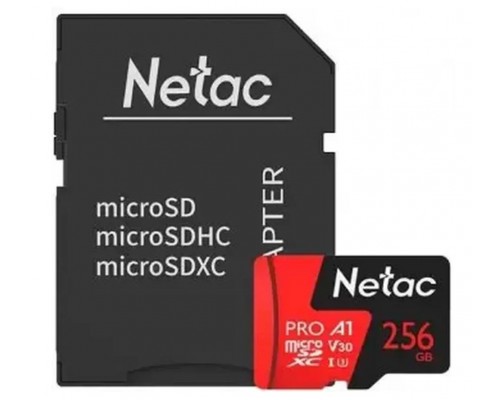 Карта памяти Netac P500 PRO NT02P500PRO-256G-R microSD, 256Gb, Class10, UHS-I Class 3 (U3), чтение  до 100 Мб/сек, с SD адаптером