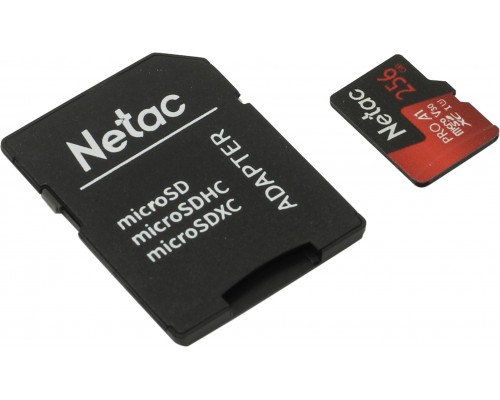 Карта памяти Netac P500 PRO NT02P500PRO-256G-R microSD, 256Gb, Class10, UHS-I Class 3 (U3), чтение  до 100 Мб/сек, с SD адаптером