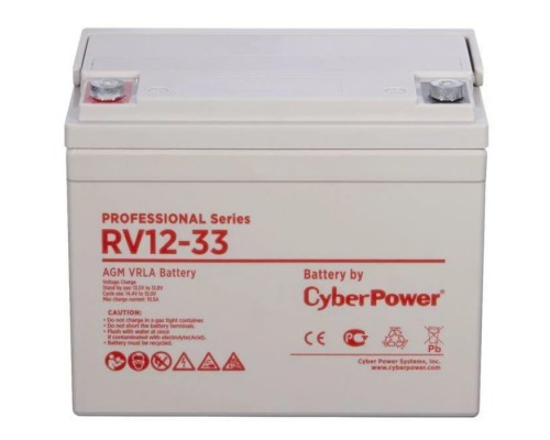 Аккумуляторная батарея Battery CyberPower Professional series RV 12-33, voltage 12V, capacity (discharge 20 h) 35Ah, capacity (discharge 10 h) 35Ah, max. discharge current (5 sec) 540A, max. charge current 10.5A, lead-acid type AGM, terminals under b