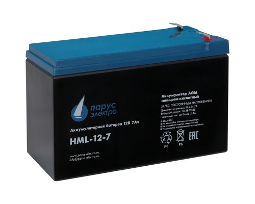 Аккумуляторная батарея Battery Parus Electro, professional series HML-12-7, voltage 12V, capacity 7.2Ah (discharge 20 hours), max. discharge current (5sec) 140A, max. charge current 2.8A, lead-acid type AGM, terminals F2, LxWxH 151x65x94mm., total he