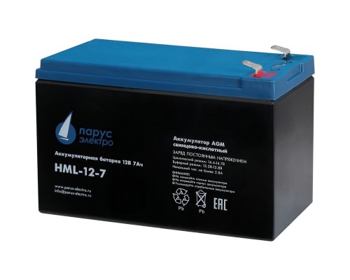 Аккумуляторная батарея Battery Parus Electro, professional series HML-12-7, voltage 12V, capacity 7.2Ah (discharge 20 hours), max. discharge current (5sec) 140A, max. charge current 2.8A, lead-acid type AGM, terminals F2, LxWxH 151x65x94mm., total he