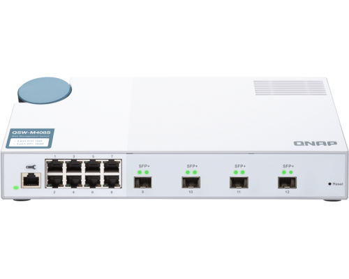 Корпоративный коммутатор QNAP QSW-M408S 10 Gbps managed switch with 4 SFP + ports, 8 1 Gbps RJ-45 ports, bandwidth up to 96 Gbps, JumboFrame support.