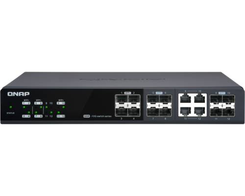 Корпоративный коммутатор QNAP QSW-M1204-4C Managed 10 Gbps switch with 12 SFP + ports, 4 of which are combined with RJ-45, throughput up to 240 Gbps, JumboFrame support.