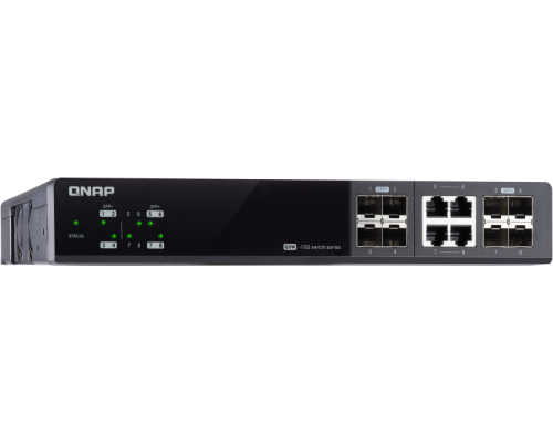 Корпоративный коммутатор QNAP QSW-M804-4C 10 Gbps managed switch with 8 SFP + ports, 4 of which are combined with RJ-45, throughput up to 160 Gbps, JumboFrame support.