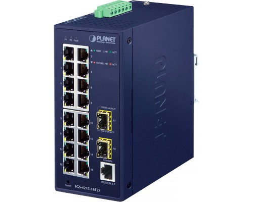 коммутатор/ PLANET IGS-4215-16T2S IP30 Industrial L2/L4 16-Port 10/100/1000T + 2-Port 100/1000X SFP Managed Switch (-40~75 degrees C, dual redundant power input on 12~48VDC/24VAC terminal block)