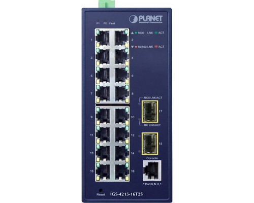 коммутатор/ PLANET IGS-4215-16T2S IP30 Industrial L2/L4 16-Port 10/100/1000T + 2-Port 100/1000X SFP Managed Switch (-40~75 degrees C, dual redundant power input on 12~48VDC/24VAC terminal block)