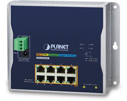 коммутатор/ PLANET WGS-5225-8P2S IP30, IPv6/IPv4, L2+ 8-Port 10/100/1000T 802.3at PoE + 2-Port 1G/2.5G SFP Wall-mount Managed Switch (-40~75 degrees C, dual power input on 48-56VDC terminal block and power jack, ERPS Ring, 1588, Modbus TCP, ONVIF, SN