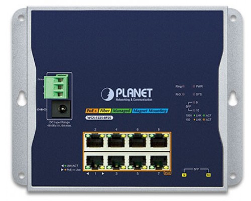 коммутатор/ PLANET WGS-5225-8P2S IP30, IPv6/IPv4, L2+ 8-Port 10/100/1000T 802.3at PoE + 2-Port 1G/2.5G SFP Wall-mount Managed Switch (-40~75 degrees C, dual power input on 48-56VDC terminal block and power jack, ERPS Ring, 1588, Modbus TCP, ONVIF, SN