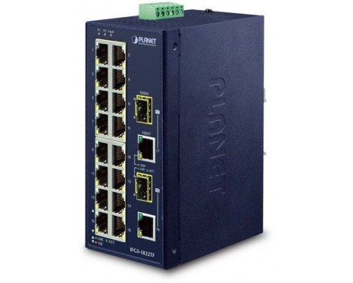 коммутатор/ PLANET IFGS-1822TF IP30 Industrial 16-Port 10/100TX + 2-Port Gigabit TP/SFP Combo Ethernet Switch (-40~75C, dual redundant power input on 12-48VDC / 24VAC terminal block)