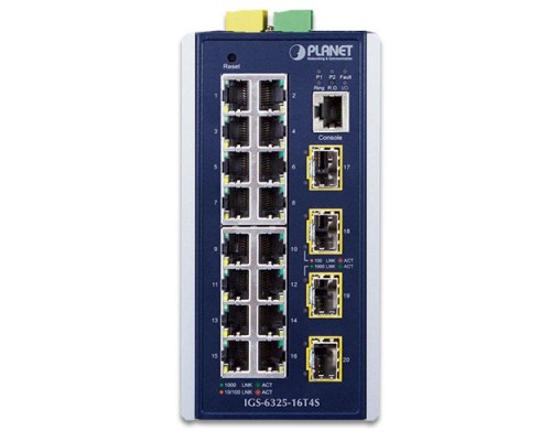 коммутатор/ PLANET IGS-6325-16T4S IP30 Industrial L3 16-Port 10/100/1000T + 4-port 1G/2.5G SFP Full Managed Switch (-40 to 75 C, dual redundant power input on 9~48VDC terminal block, 2*DI, 2*DO, ERPS Ring, 1588 PTP TC, Modbus TCP, Cybersecurity featu